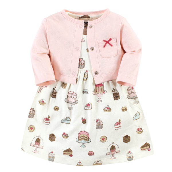 Hudson Baby Girls Cotton Dress and Cardigan Set, Sweet Bakery