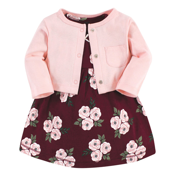 Hudson Baby Girls Cotton Dress and Cardigan Set, Burgundy Floral