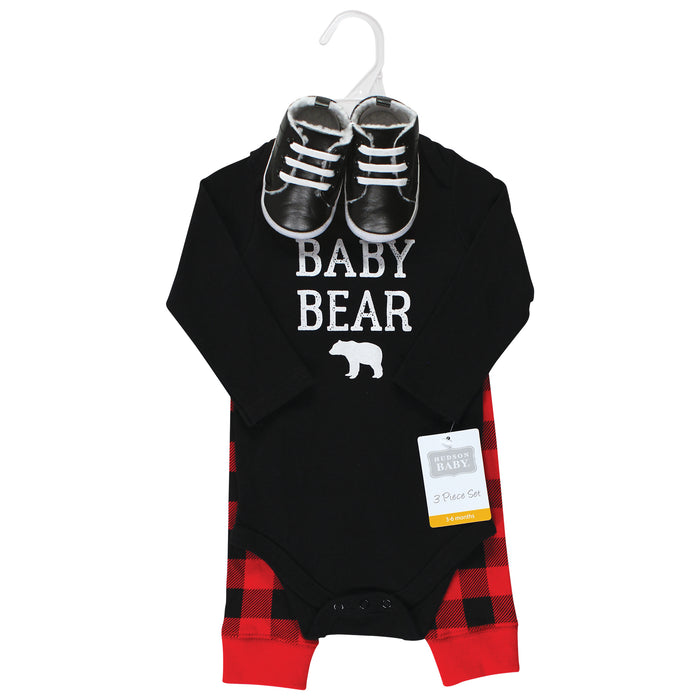 Hudson Baby Cotton Bodysuit, Pant and Shoe Set, Buffalo Plaid Baby Bear