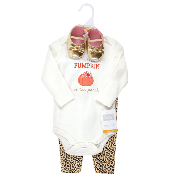 Hudson Baby Infant Girl Cotton Bodysuit, Pant and Shoe Set, Cutest Pumpkin