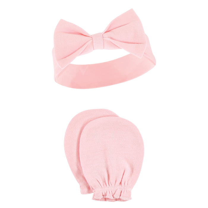 Hudson Baby Cotton Headband and Scratch Mitten Set, Pink Gray Floral 8-Piece