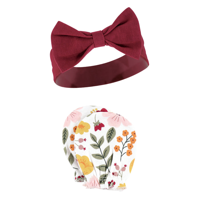 Hudson Baby Cotton Headband and Scratch Mitten Set, Fall Botanical