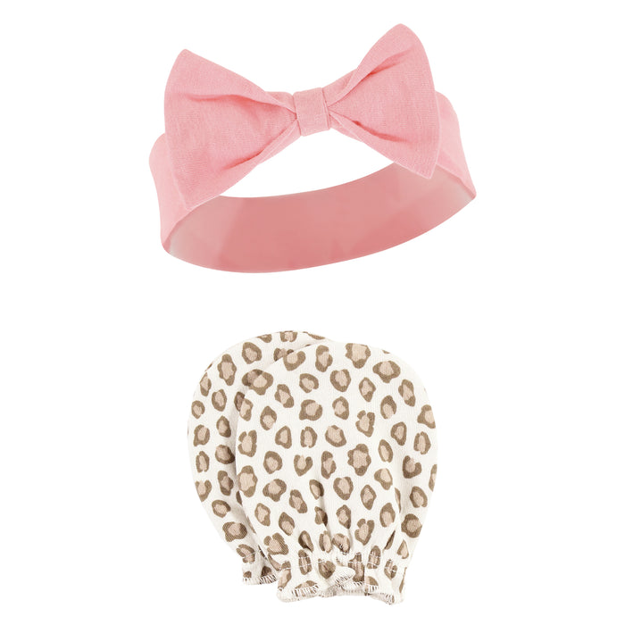 Hudson Baby Cotton Headband and Scratch Mitten Set, Blush Rose Leopard