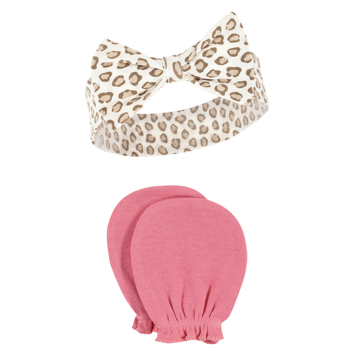 Hudson Baby Cotton Headband and Scratch Mitten Set, Blush Rose Leopard