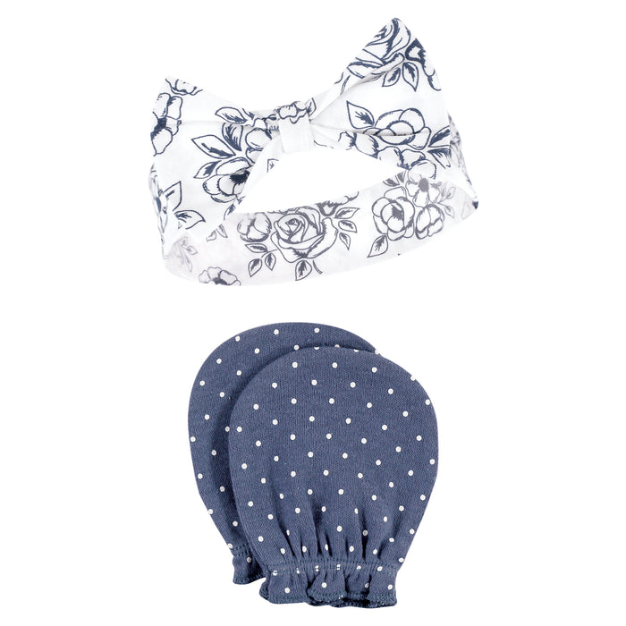 Hudson Baby Cotton Headband and Scratch Mitten Set, Blue Toile