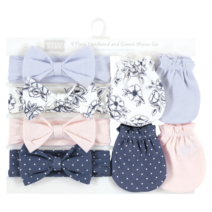 Hudson Baby Cotton Headband and Scratch Mitten Set, Blue Toile