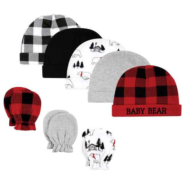 Hudson Baby Cotton Cap and Scratch Mitten Set, Buffalo Plaid Bear, 0-6 Months