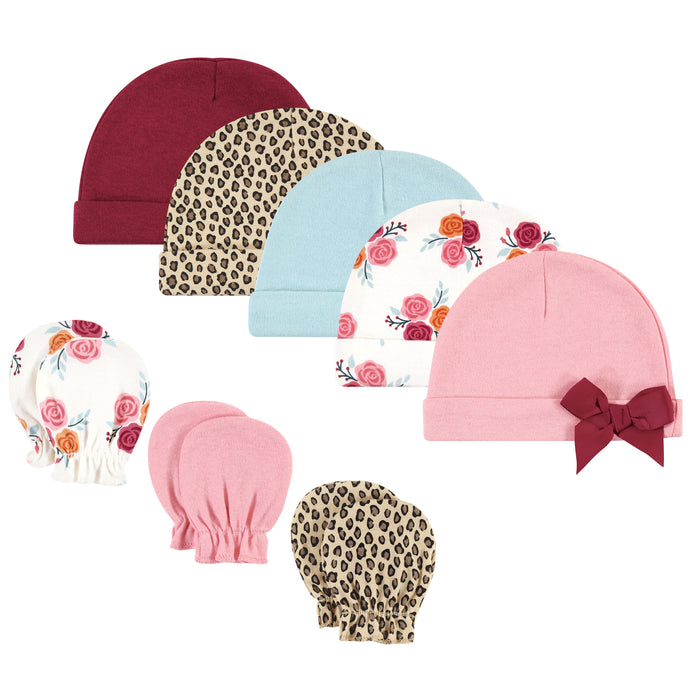 Hudson Baby Infant Girl Cotton Cap and Scratch Mitten Set, Autumn Rose, 0-6 Months