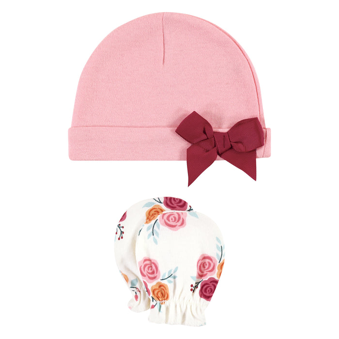 Hudson Baby Infant Girl Cotton Cap and Scratch Mitten Set, Autumn Rose, 0-6 Months