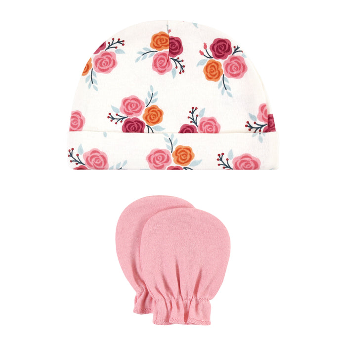 Hudson Baby Infant Girl Cotton Cap and Scratch Mitten Set, Autumn Rose, 0-6 Months
