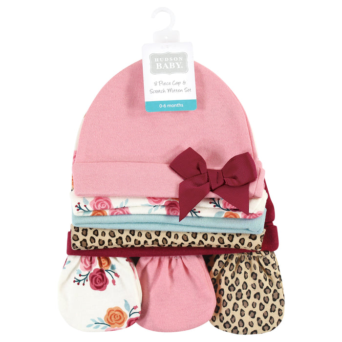 Hudson Baby Infant Girl Cotton Cap and Scratch Mitten Set, Autumn Rose, 0-6 Months