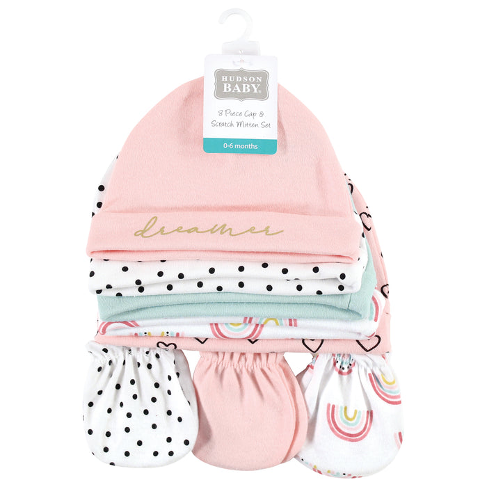 Hudson Baby Infant Girl Cotton Cap and Scratch Mitten Set, Modern Rainbow, 0-6 Months