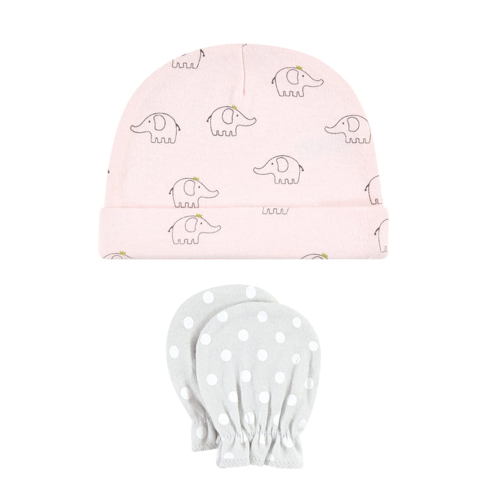 Hudson Baby Infant Girl Cotton Cap and Scratch Mitten Set, Pink Gray Elephant, 0-6 Months