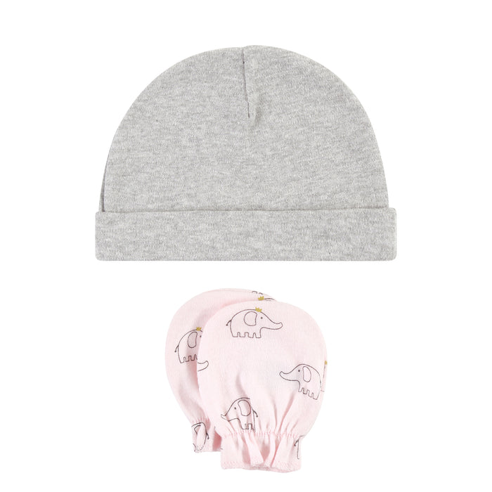 Hudson Baby Infant Girl Cotton Cap and Scratch Mitten Set, Pink Gray Elephant, 0-6 Months