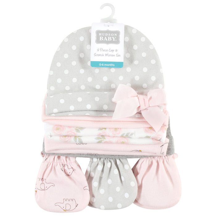 Hudson Baby Infant Girl Cotton Cap and Scratch Mitten Set, Pink Gray Elephant, 0-6 Months