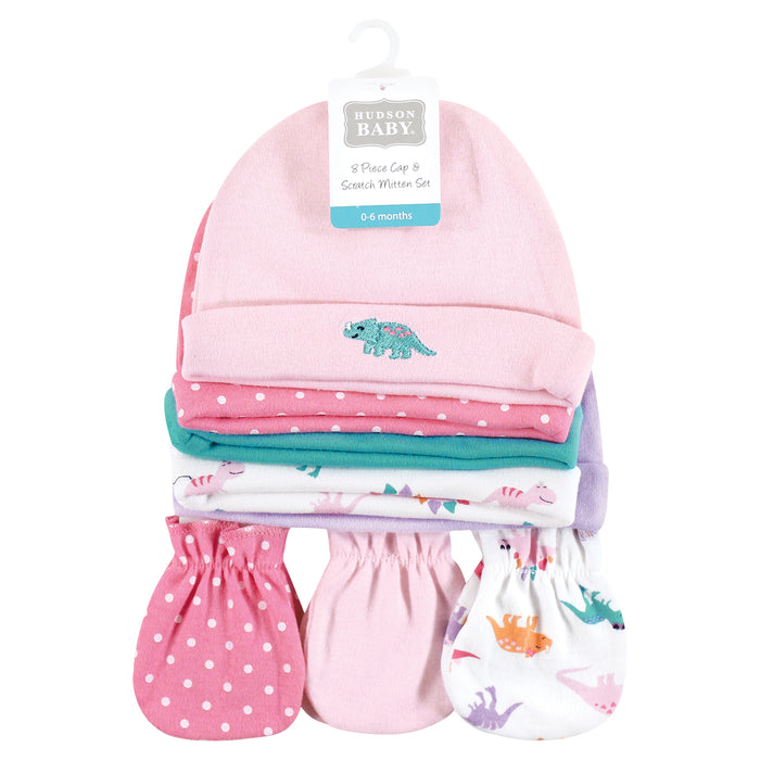 Hudson Baby Infant Girl Cotton Cap and Scratch Mitten Set, Cute-A-Saurus, 0-6 Months