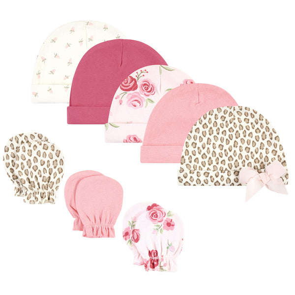 Hudson Baby Infant Girl Cotton Cap and Scratch Mitten Set, Blush Rose Leopard, 0-6 Months