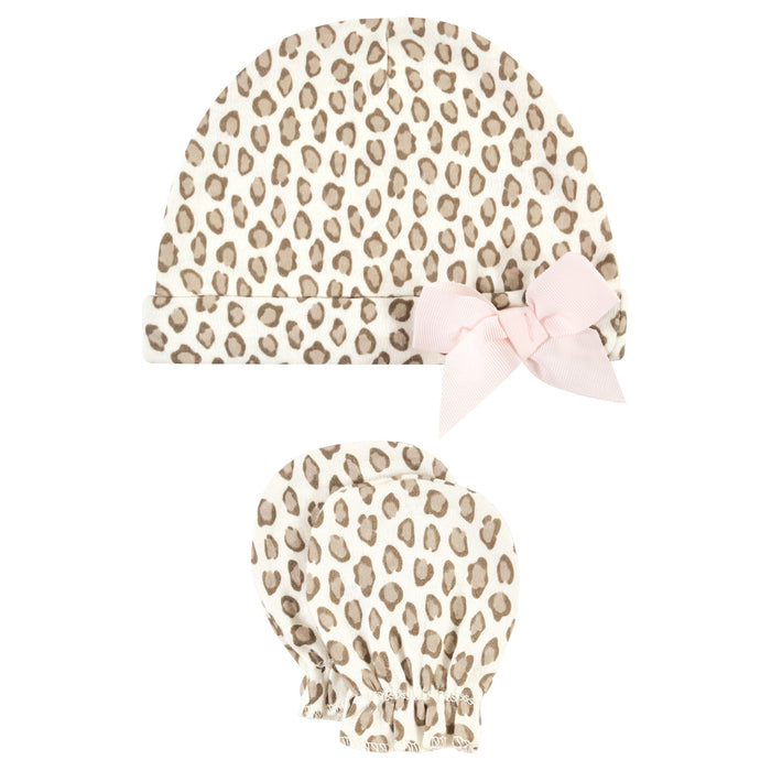 Hudson Baby Infant Girl Cotton Cap and Scratch Mitten Set, Blush Rose Leopard, 0-6 Months