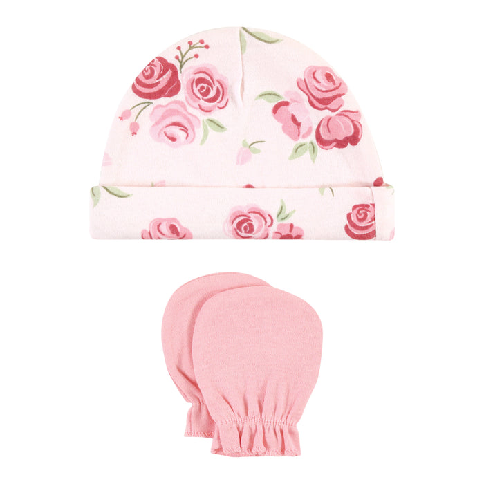 Hudson Baby Infant Girl Cotton Cap and Scratch Mitten Set, Blush Rose Leopard, 0-6 Months