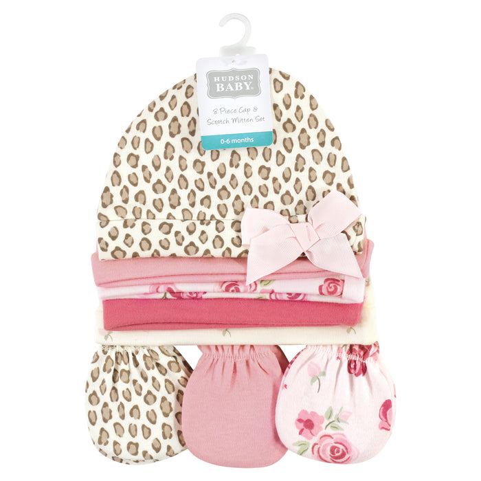 Hudson Baby Infant Girl Cotton Cap and Scratch Mitten Set, Blush Rose Leopard, 0-6 Months