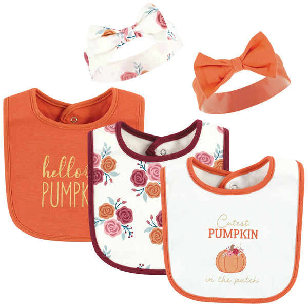 Hudson Baby Infant Girl Cotton Bib and Headband, Cutest Pumpkin, One Size