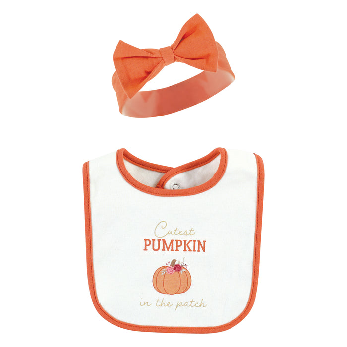 Hudson Baby Infant Girl Cotton Bib and Headband, Cutest Pumpkin, One Size