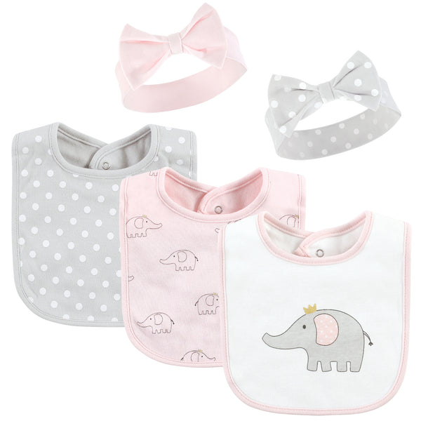 Hudson Baby Infant Girl Cotton Bib and Headband, Pink Gray Elephant, One Size