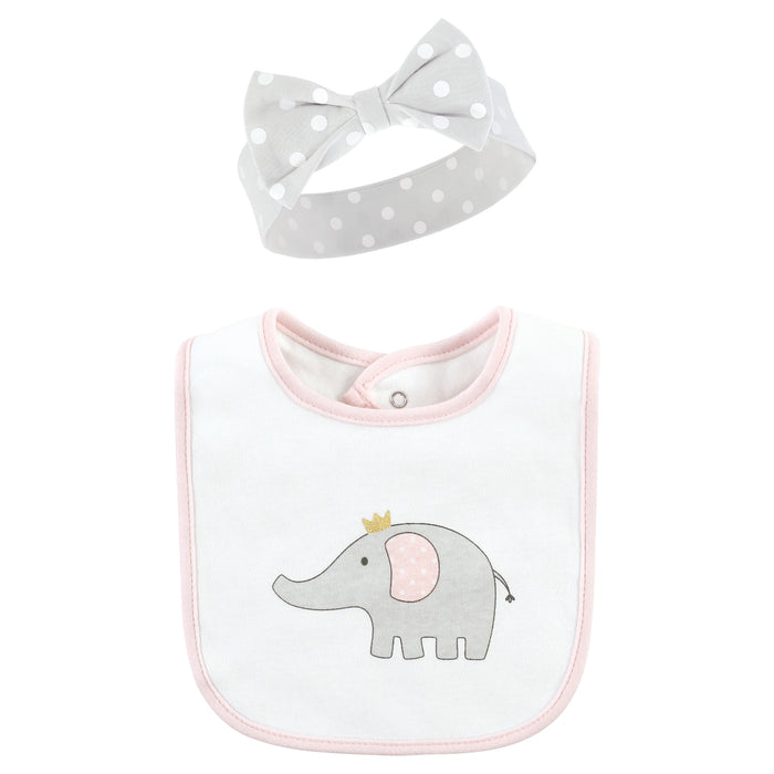 Hudson Baby Infant Girl Cotton Bib and Headband, Pink Gray Elephant, One Size