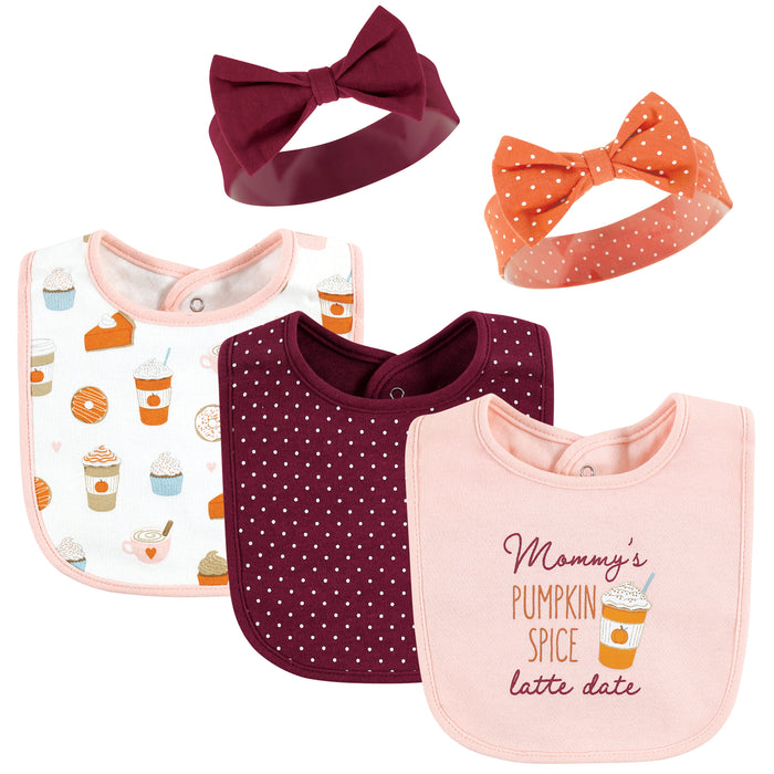 Hudson Baby Infant Girl Cotton Bib and Headband, Pumpkin Spice Date, One Size