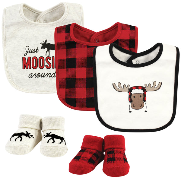 Hudson Baby Infant Boy Cotton Bib and Sock Set, Winter Moose, One Size