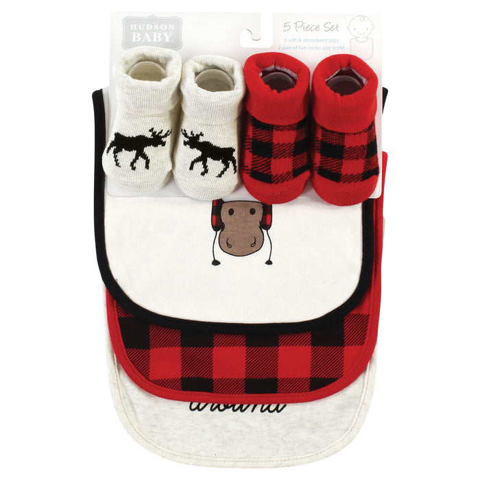 Hudson Baby Infant Boy Cotton Bib and Sock Set, Winter Moose, One Size