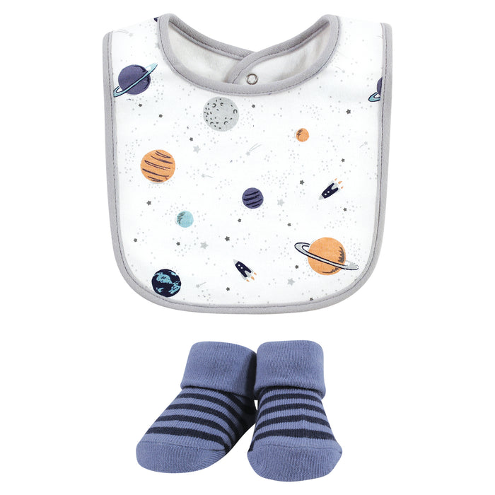 Hudson Baby Cotton Bib and Sock Set, Space, One Size