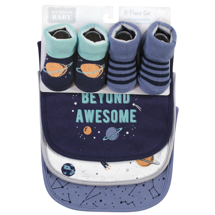 Hudson Baby Cotton Bib and Sock Set, Space, One Size