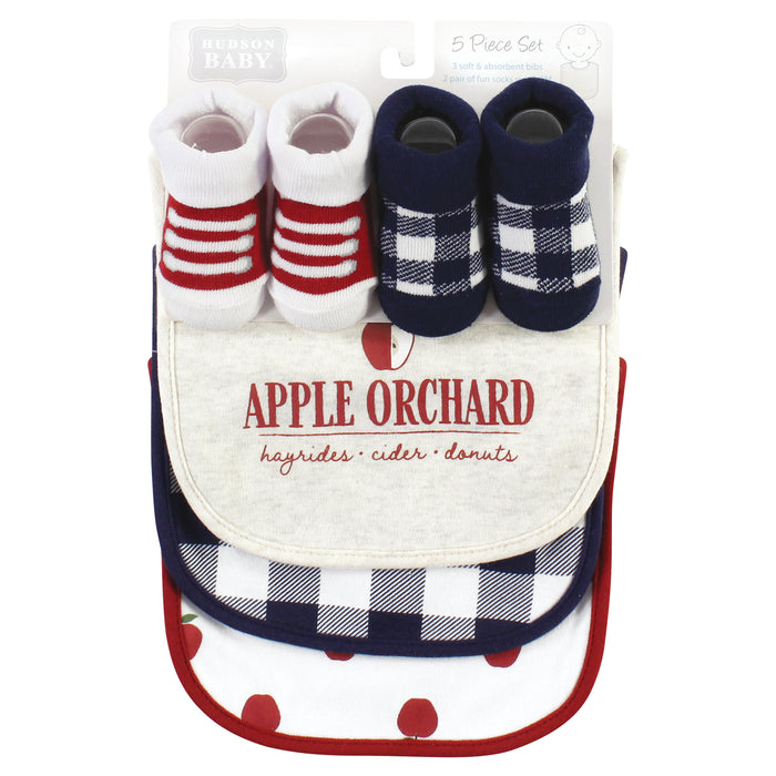 Hudson Baby Infant Boy Cotton Bib and Sock Set, Apple Orchard, One Size