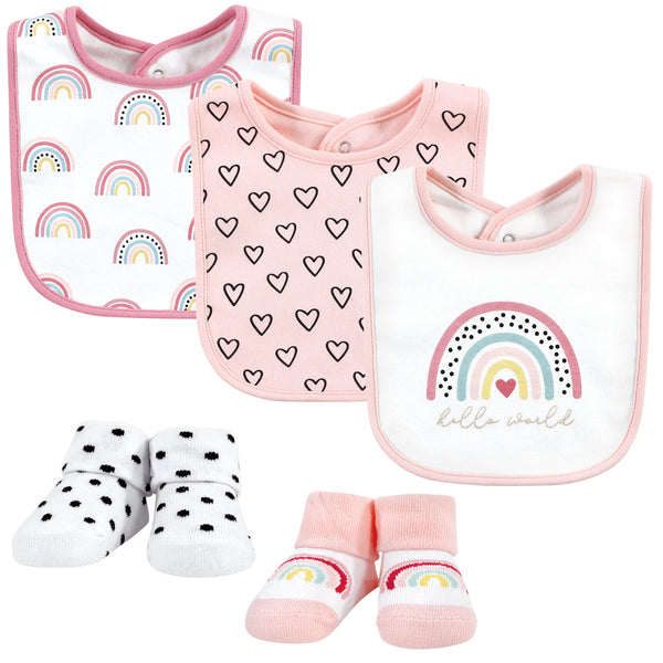 Hudson Baby Infant Girls Cotton Bib and Sock Set, Modern Rainbow, One Size