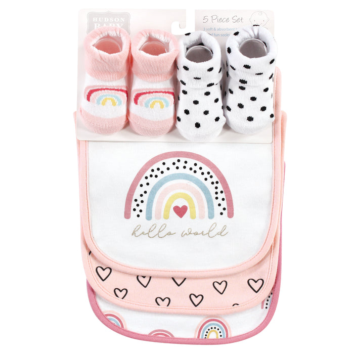 Hudson Baby Infant Girls Cotton Bib and Sock Set, Modern Rainbow, One Size