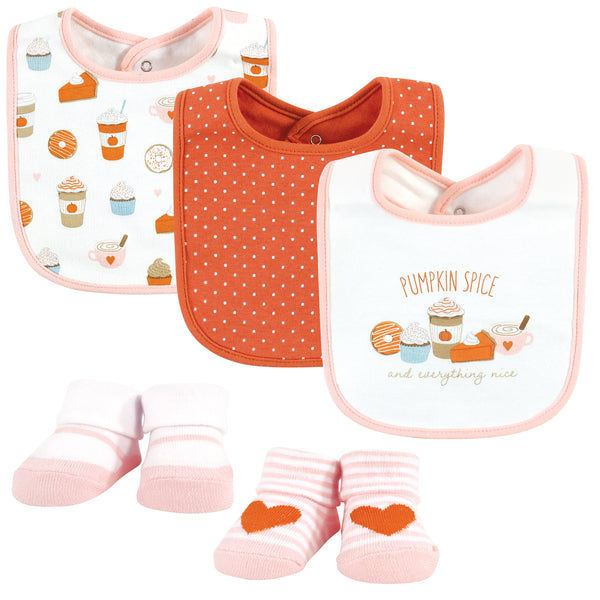 Hudson Baby Infant Girl Cotton Bib and Sock Set, Pumpkin Spice, One Size