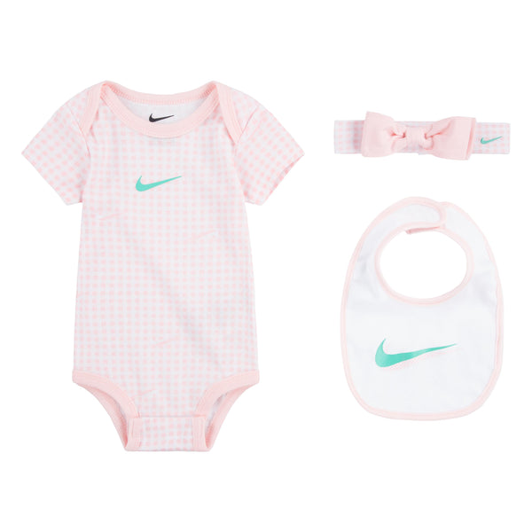 Nike Gift Set Bodysuit, Bib, & Headband in Pink Newborn-6 Months