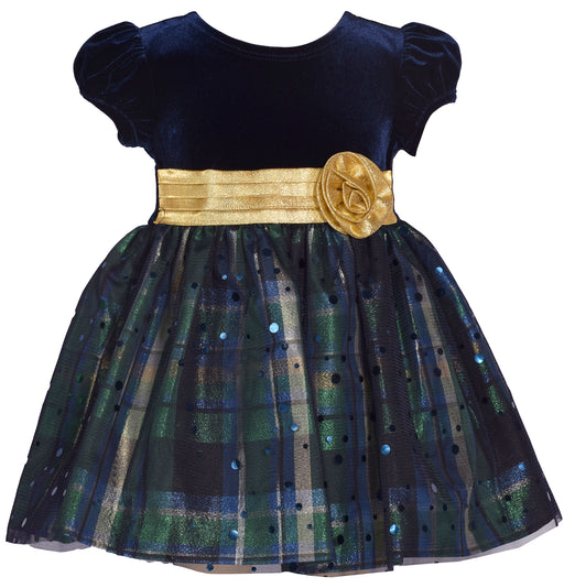 Bonnie Baby Velvet Dress with Plaid Overlay in Navy