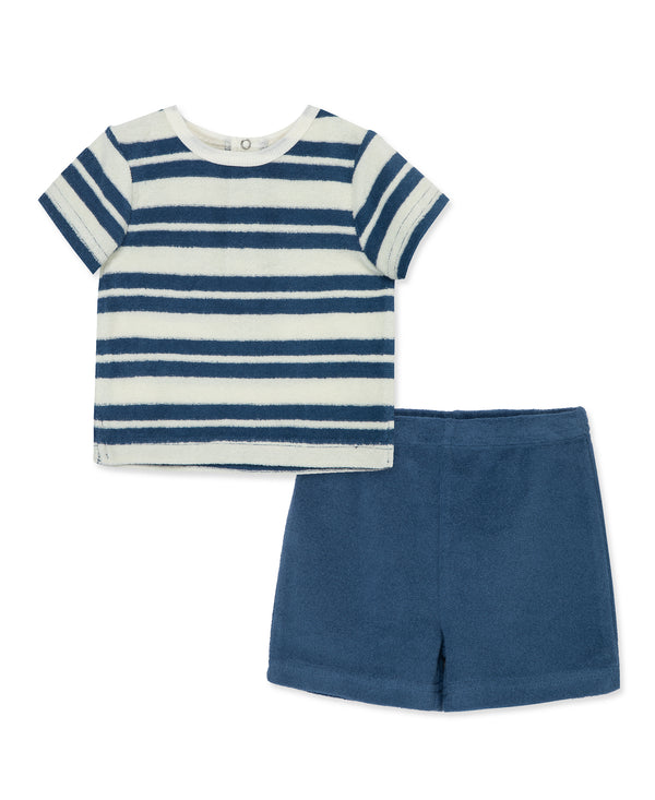 Little Me Navy Striped Terry Short Set