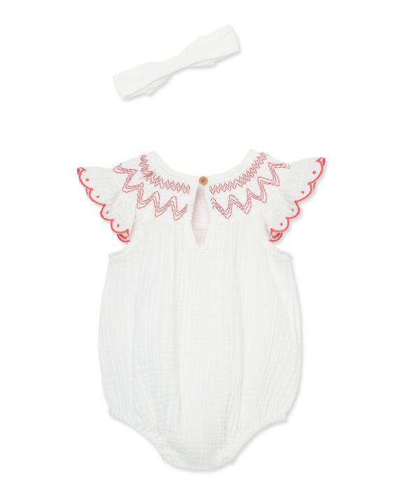 Little Me White Smocked Bubble Romper with Headband