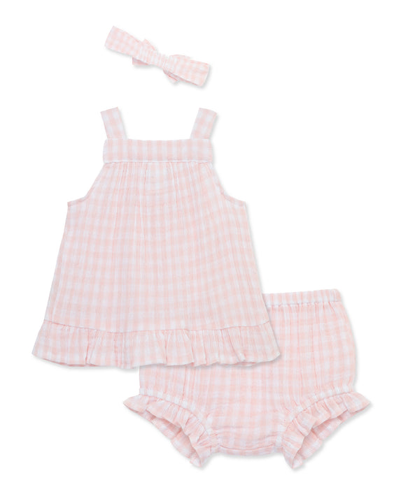 Little Me Pink Check Sunsuit with Headband