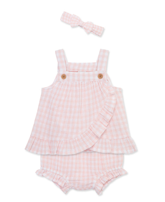 Little Me Pink Check Sunsuit with Headband