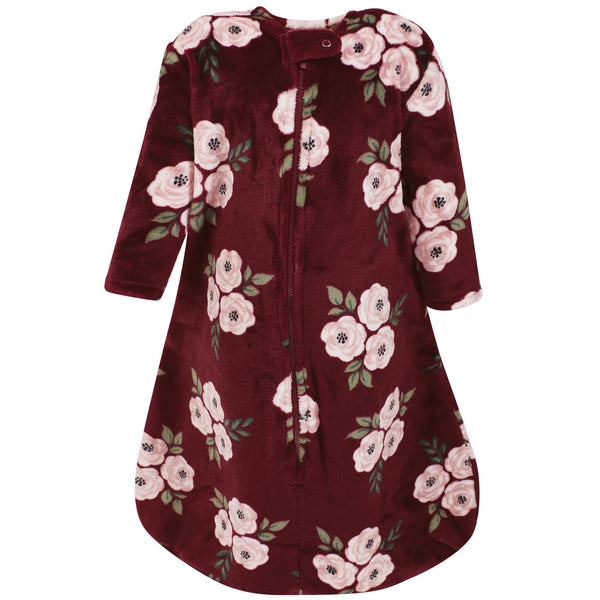 Hudson Baby Infant Girl Plush Wearable Blanket, Long-Sleeve Burgundy Floral