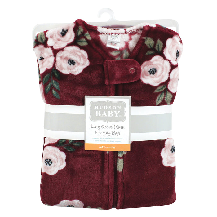 Hudson Baby Infant Girl Plush Wearable Blanket, Long-Sleeve Burgundy Floral