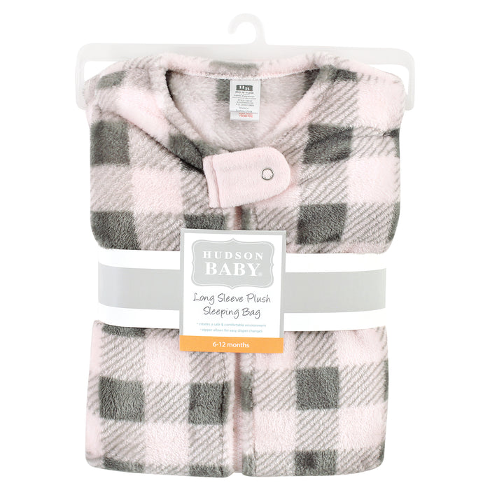 Hudson Baby Infant Girl Plush Long-Sleeve Sleeping Bag, Sack, Blanket, Pink Gray Plaid