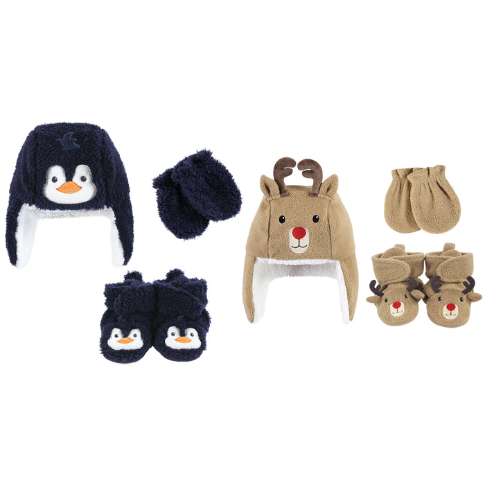 Hudson Baby 6 Piece Trapper Hat, Mitten and Bootie Set, Navy Penguin Reindeer