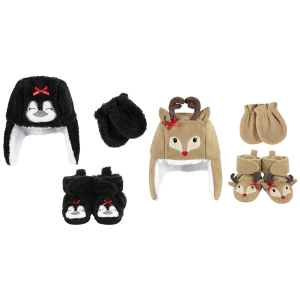 Hudson Baby 6 Piece Trapper Hat, Mitten and Bootie Set, Penguin Girl Reindeer