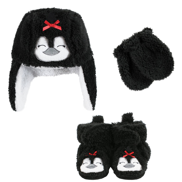 Hudson Baby 6 Piece Trapper Hat, Mitten and Bootie Set, Penguin Girl Reindeer