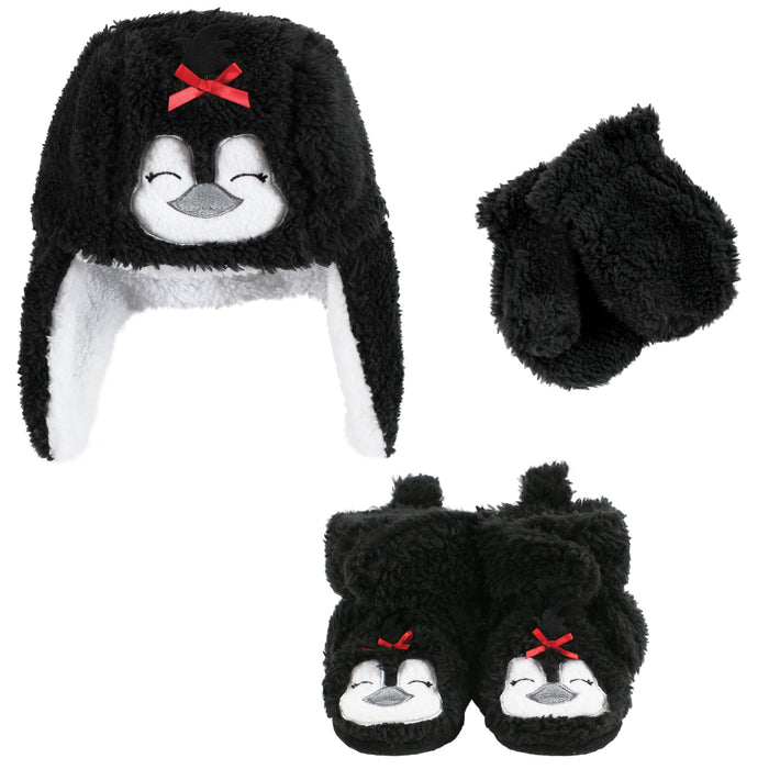 Hudson Baby Infant Girl Trapper Hat, Mitten and Bootie Set, Girl Penguin